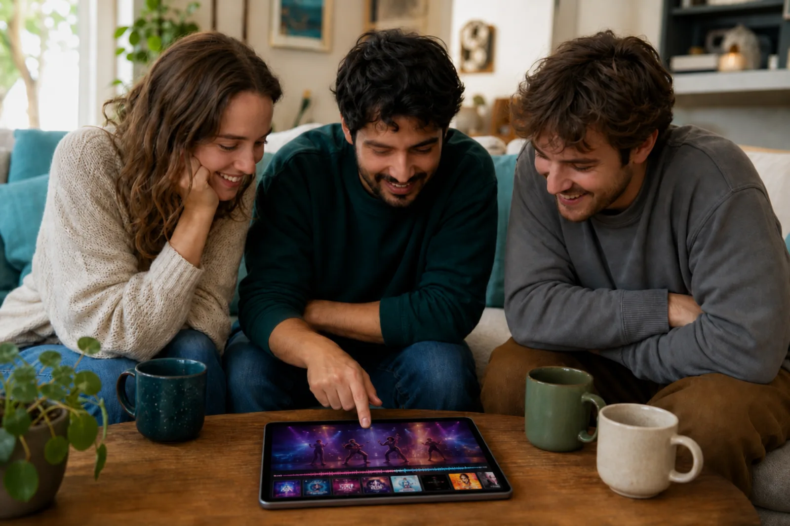 Amigos alrededor de una tableta jugando a Timeliner: Música