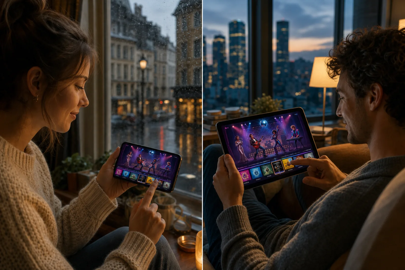 Gente en distintas ciudades jugando a Timeliner: Música con desconocidos, cada uno en su pantalla