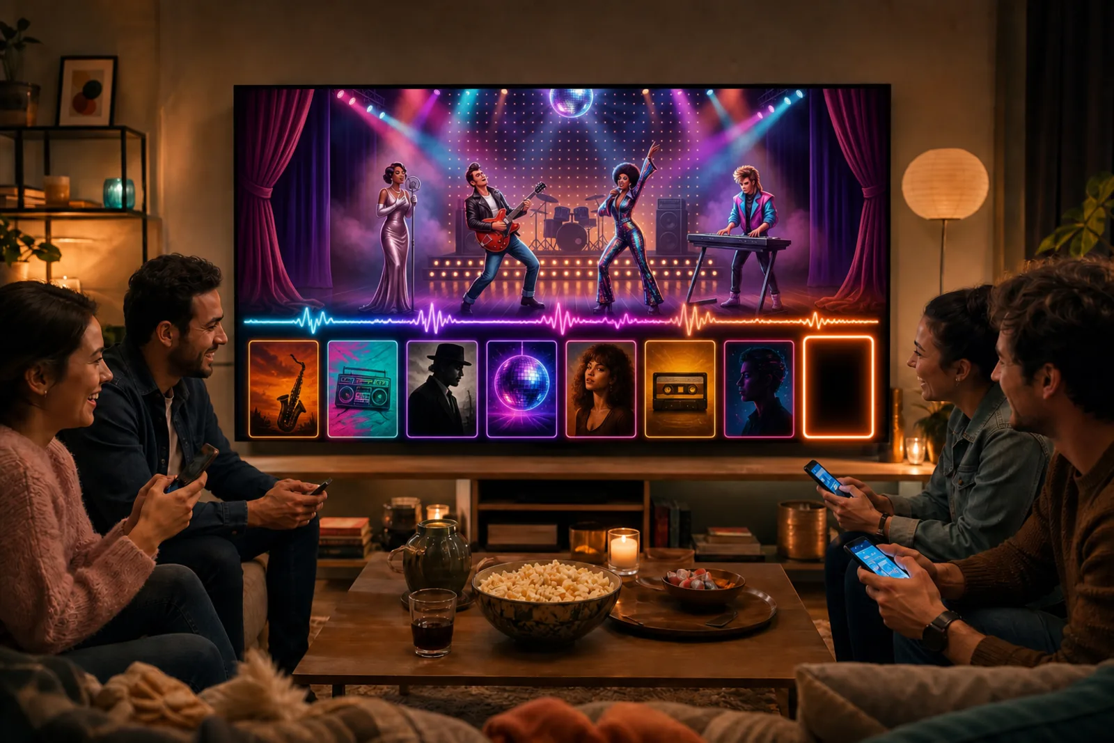 Amigos jugando a Timeliner: Música en una televisión que todos ven, cada uno con un móvil