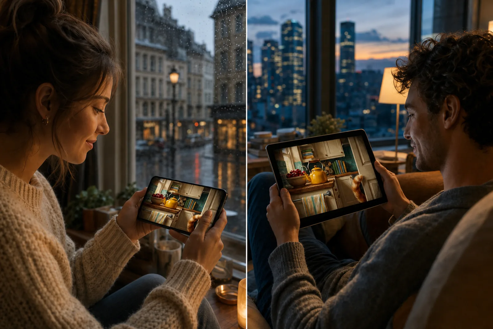 Gente en distintas ciudades jugando a Who Noticed con desconocidos, cada uno en su pantalla