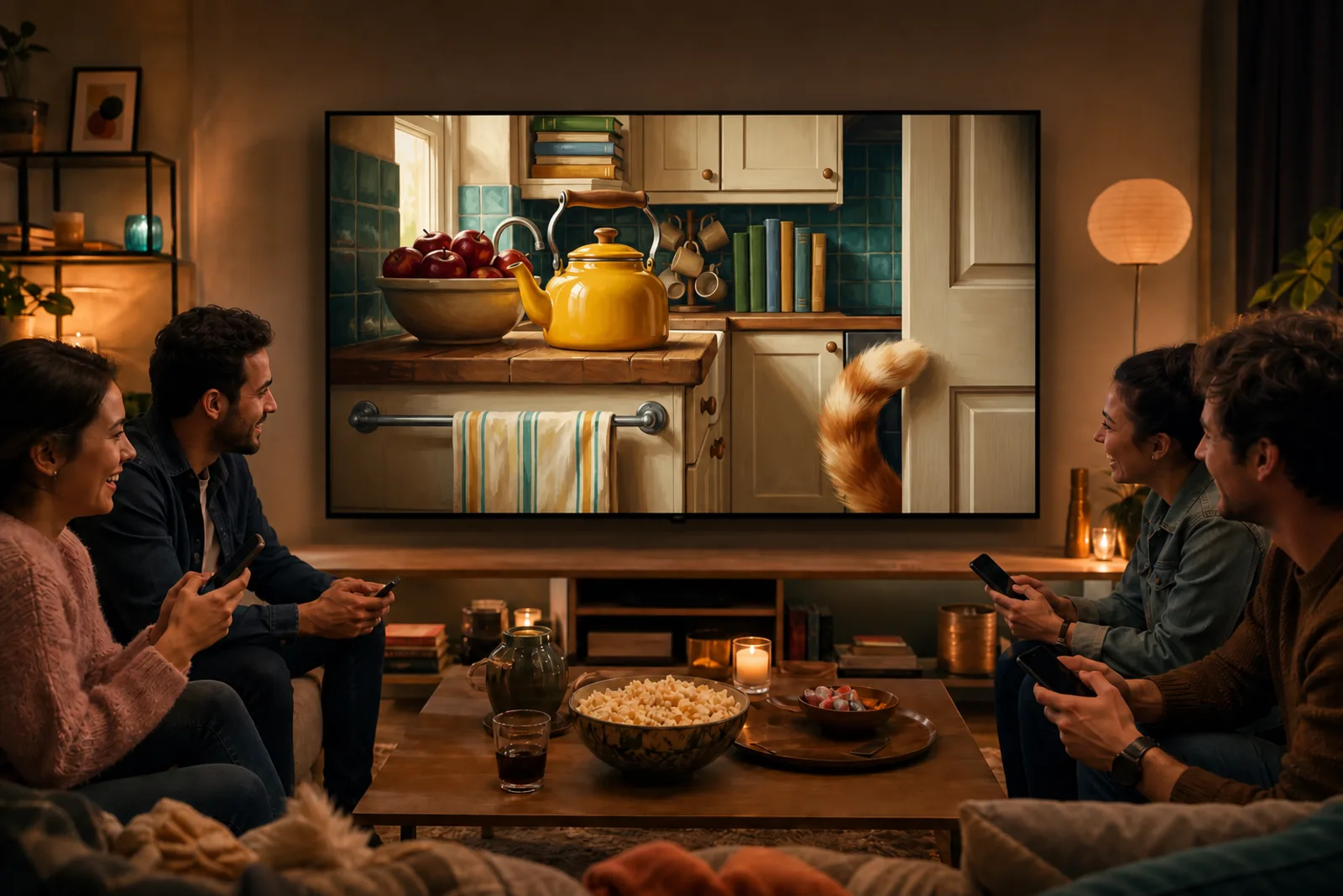 Amigos jugando a Who Noticed en una televisión que todos ven, cada uno con un móvil