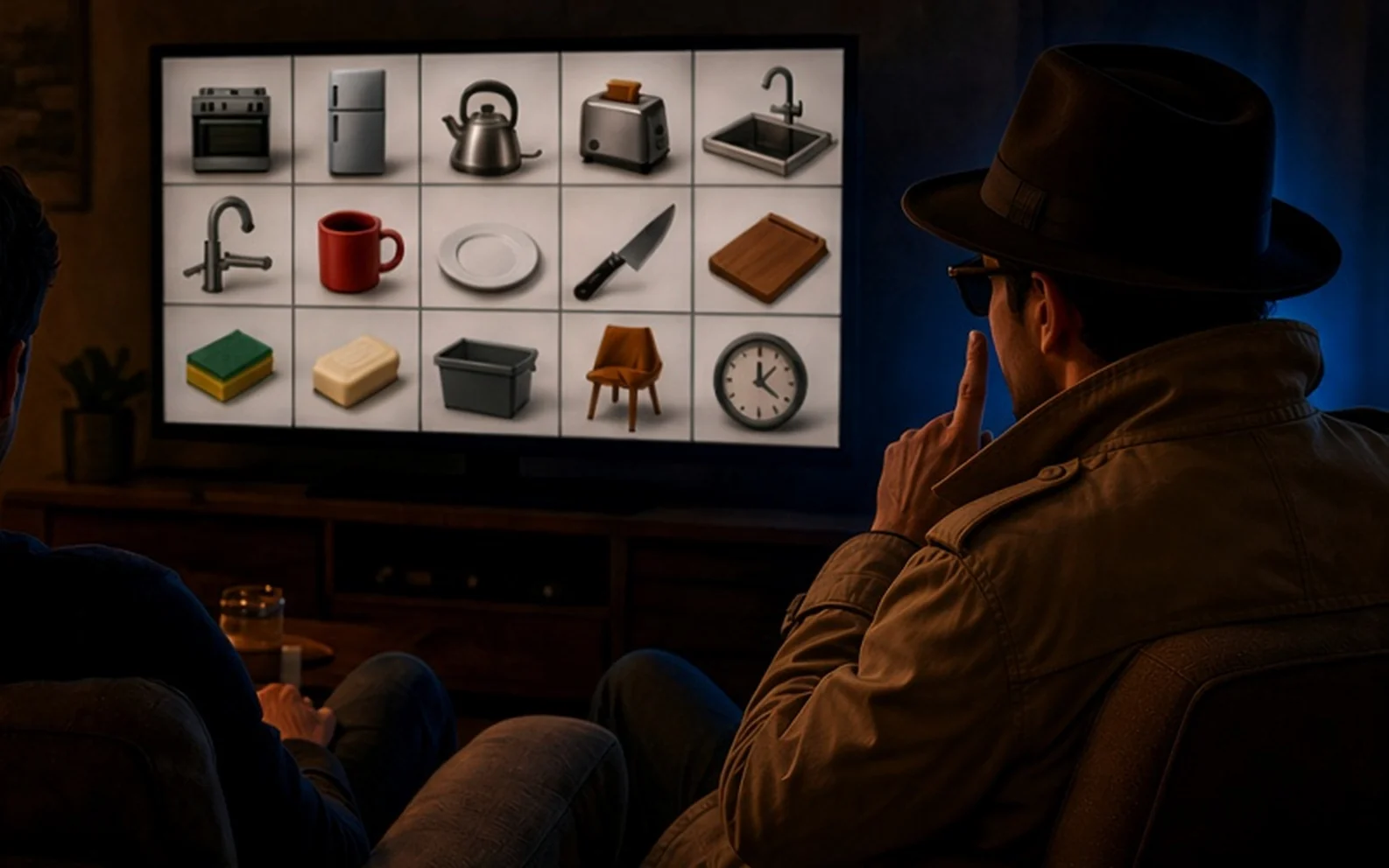 Freunde auf dem Sofa vor einem Küchenraster, einer mit Fedora und Trenchcoat und einem Finger an den Lippen