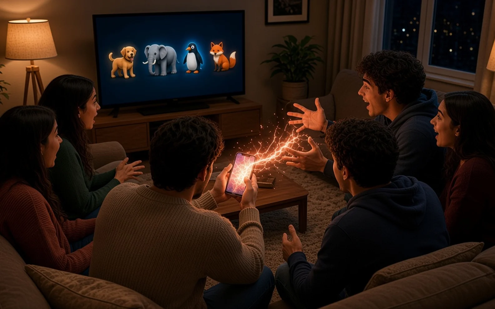 Un salón con amigos en el sofá, una tele con animales ya dichos, un móvil que echa una chispa hacia las manos del siguiente