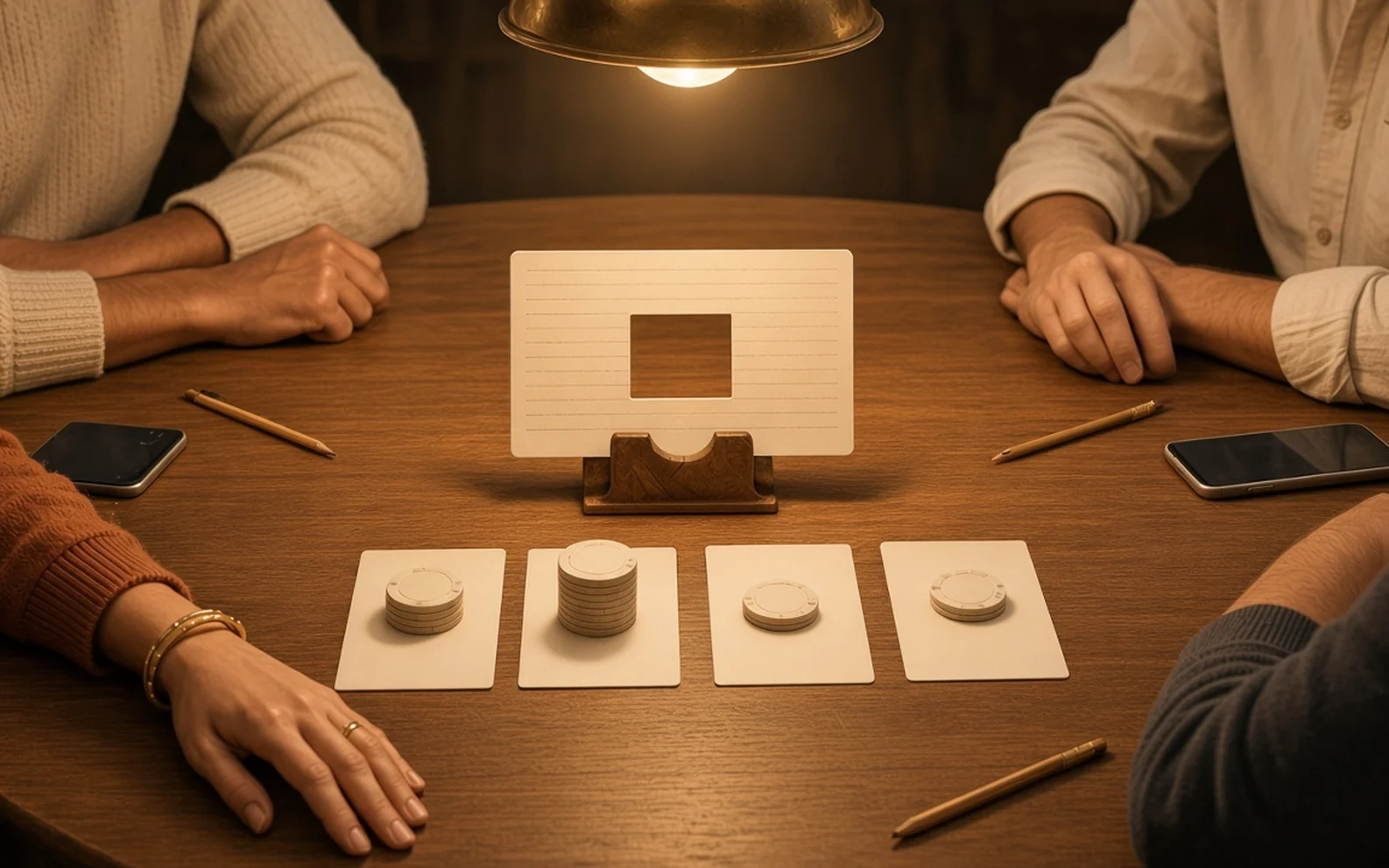 Amigos en una mesa bajo una lámpara, una ficha con un hueco en la frase, fichas apiladas en una respuesta en blanco