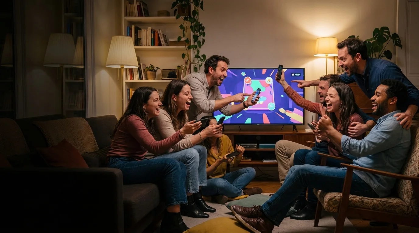 Una sala de amigos riendo y animando mientras juegan juntos en la televisión, cada uno con su móvil