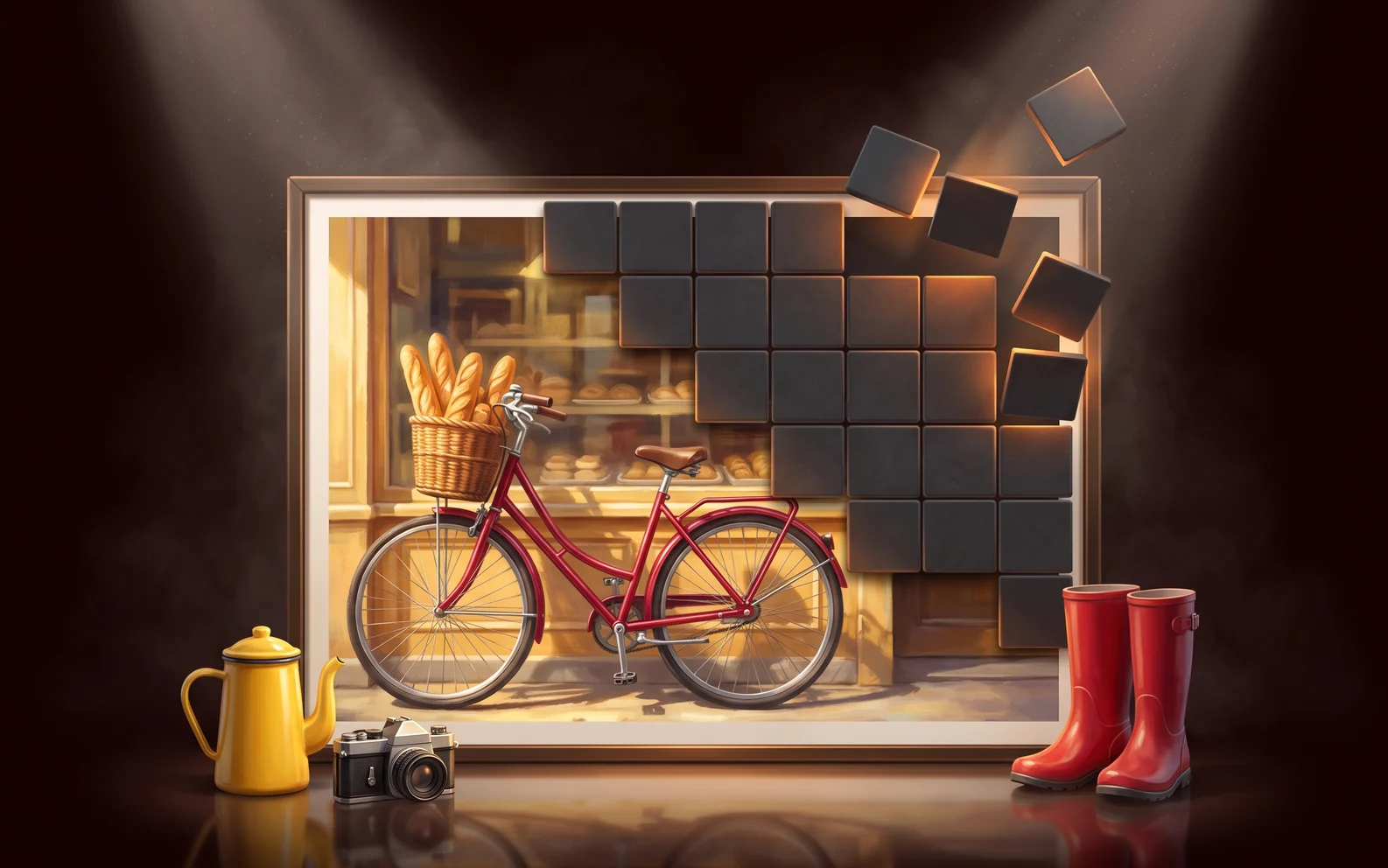 Une photo de vélo rouge à moitié découverte sous les projecteurs, des tesselles sombres qui se soulèvent, théière, appareil photo et bottes rouges devant