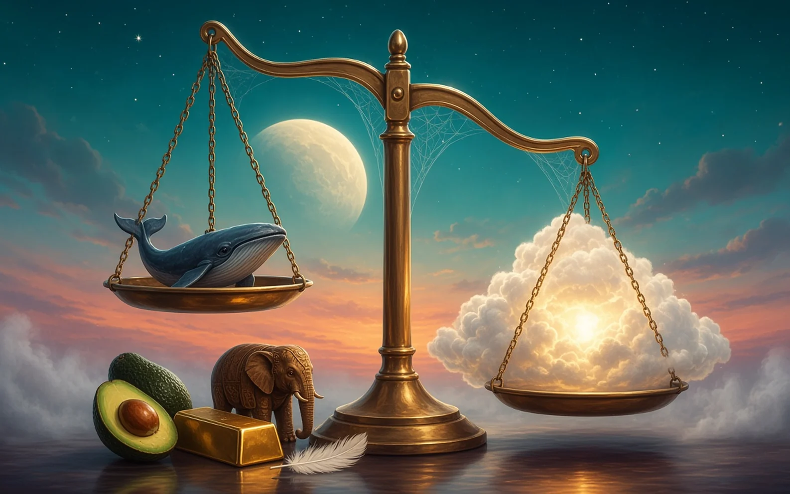 Una bilancia di ottone sotto una luna al crepuscolo, una balenottera azzurra sul piatto alto e una nuvola luminosa che tira giù l’altro