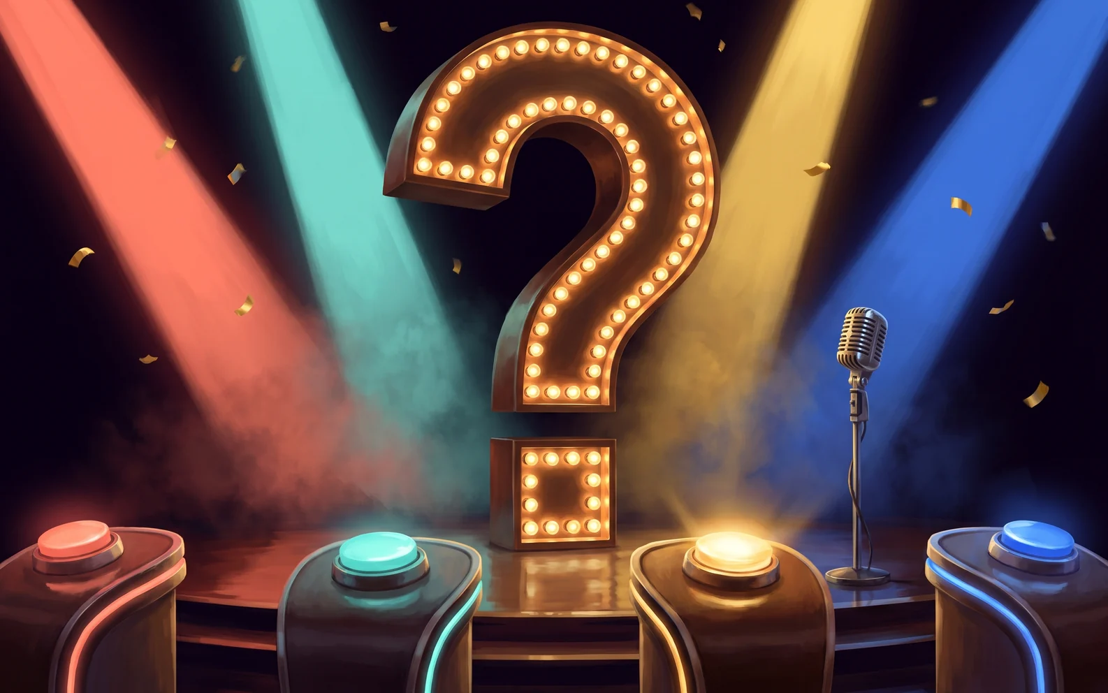 Un enorme punto interrogativo luminoso sul palco di un quiz televisivo, con quattro pulsanti colorati e un microfono vintage